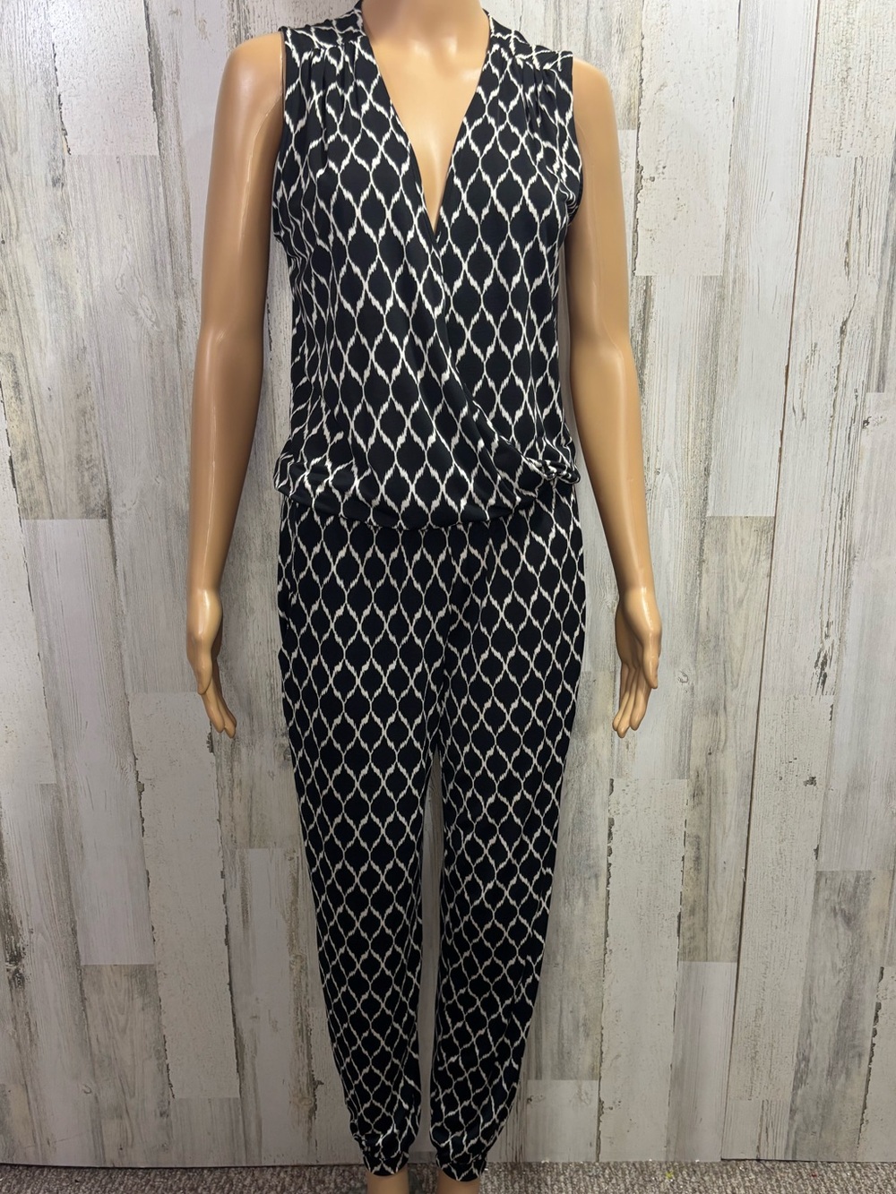 Cache Sleeveless Black & White Geometric Jumpsuit